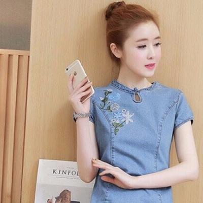 Đầm jean suông cổ tàu thêu hoa -  NJ946